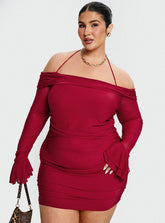 Taylon Off Shoulder Long Sleeve Mini Dress Red Curve