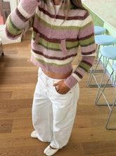 Keeva Zip Through Knit Jumper Pink / Green Stripe