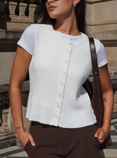 Simie Button Front Rib Top White