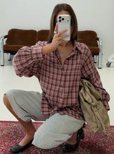 Caydence Long Sleeve Button Down Flannel Top Burgundy Check