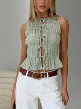 Apero Shirred Tie Front Top Green / White Stripe