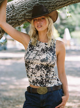 Rodeo Baby Ruched Boat Neck Top Cow Print