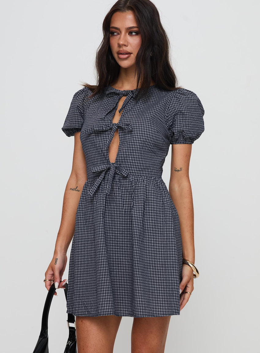 Nurture Bow Mini Dress Navy Check