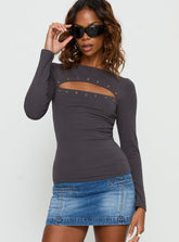 Izetta Eyelet Detail Long Sleeve Top Charcoal