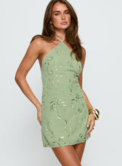 Evolet Embellished Halter Mini Dress Green