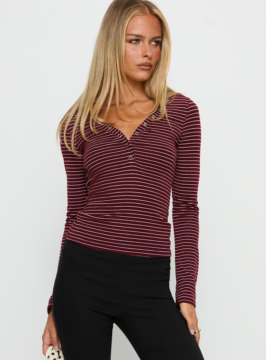 Georgeanna Button Up Long Sleeve Top Burgundy Stripe