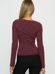 Georgeanna Button Up Long Sleeve Top Burgundy Stripe